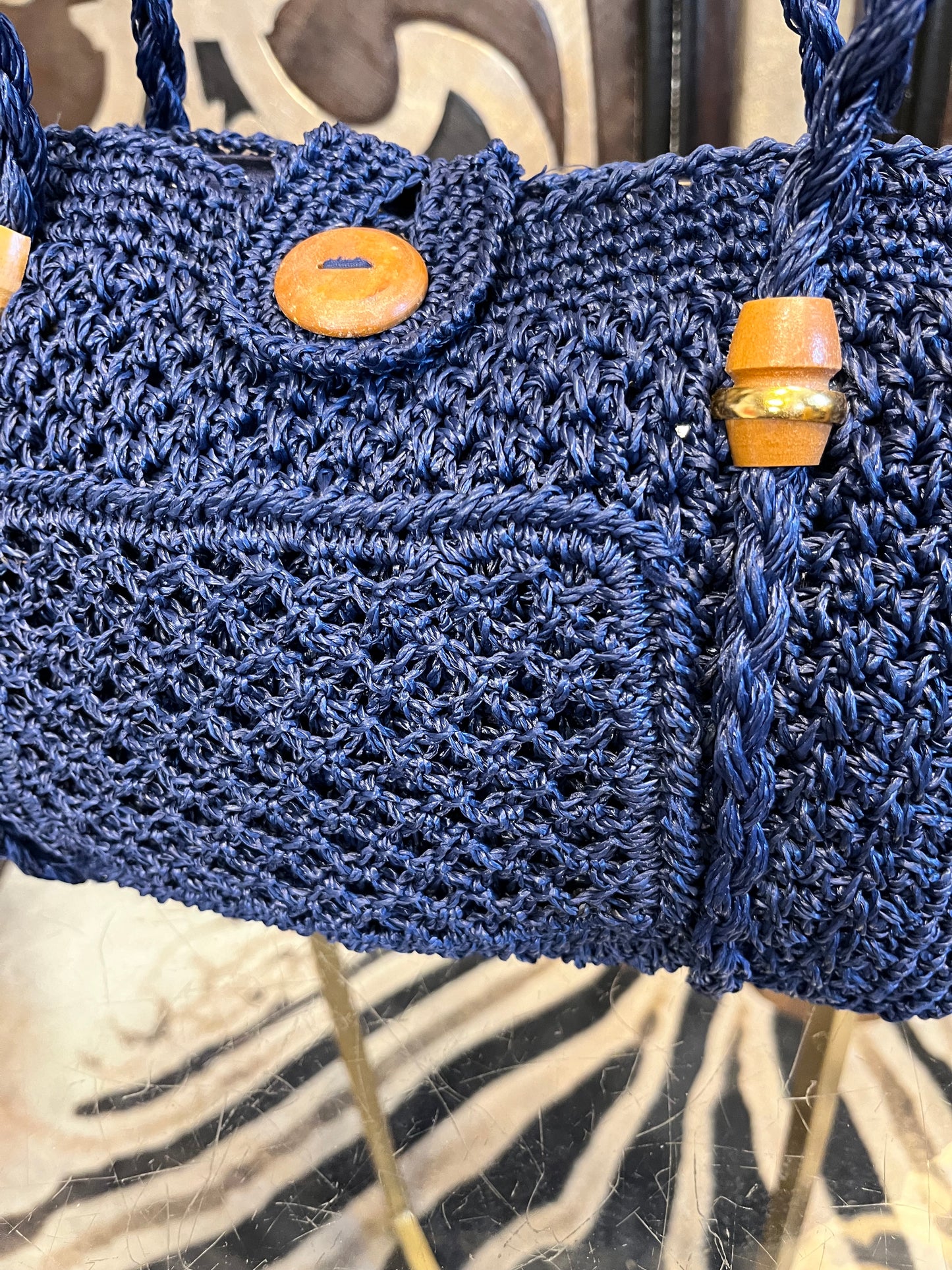 Woven raffia vintage blue woven handbag