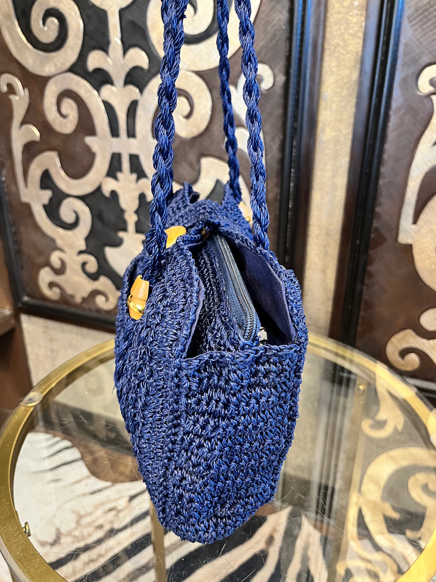 Woven raffia vintage blue woven handbag