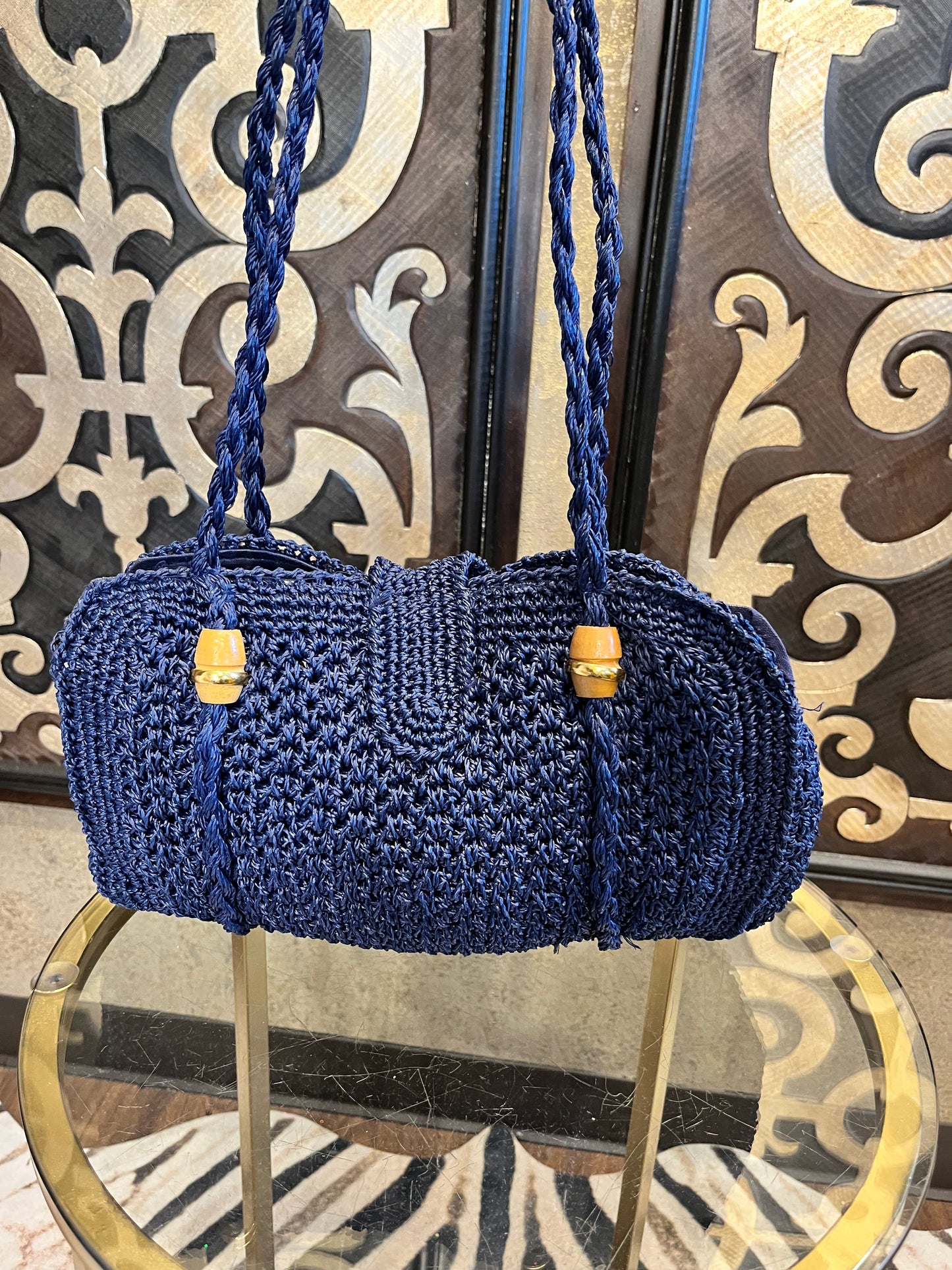 Woven raffia vintage blue woven handbag