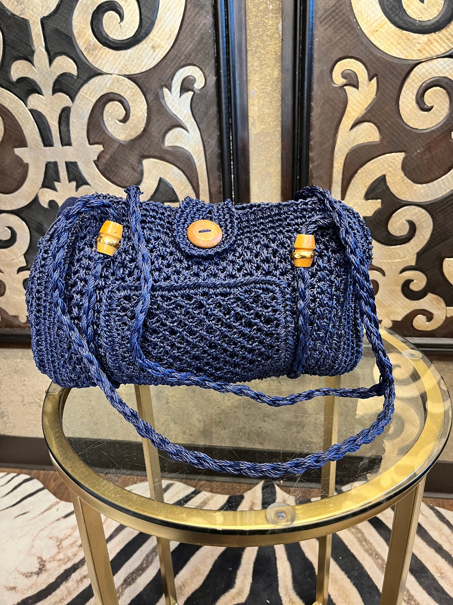 Woven raffia vintage blue woven handbag