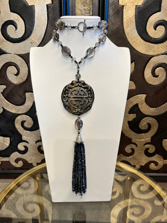 Aisa stone medallion crystal beads tassel necklace