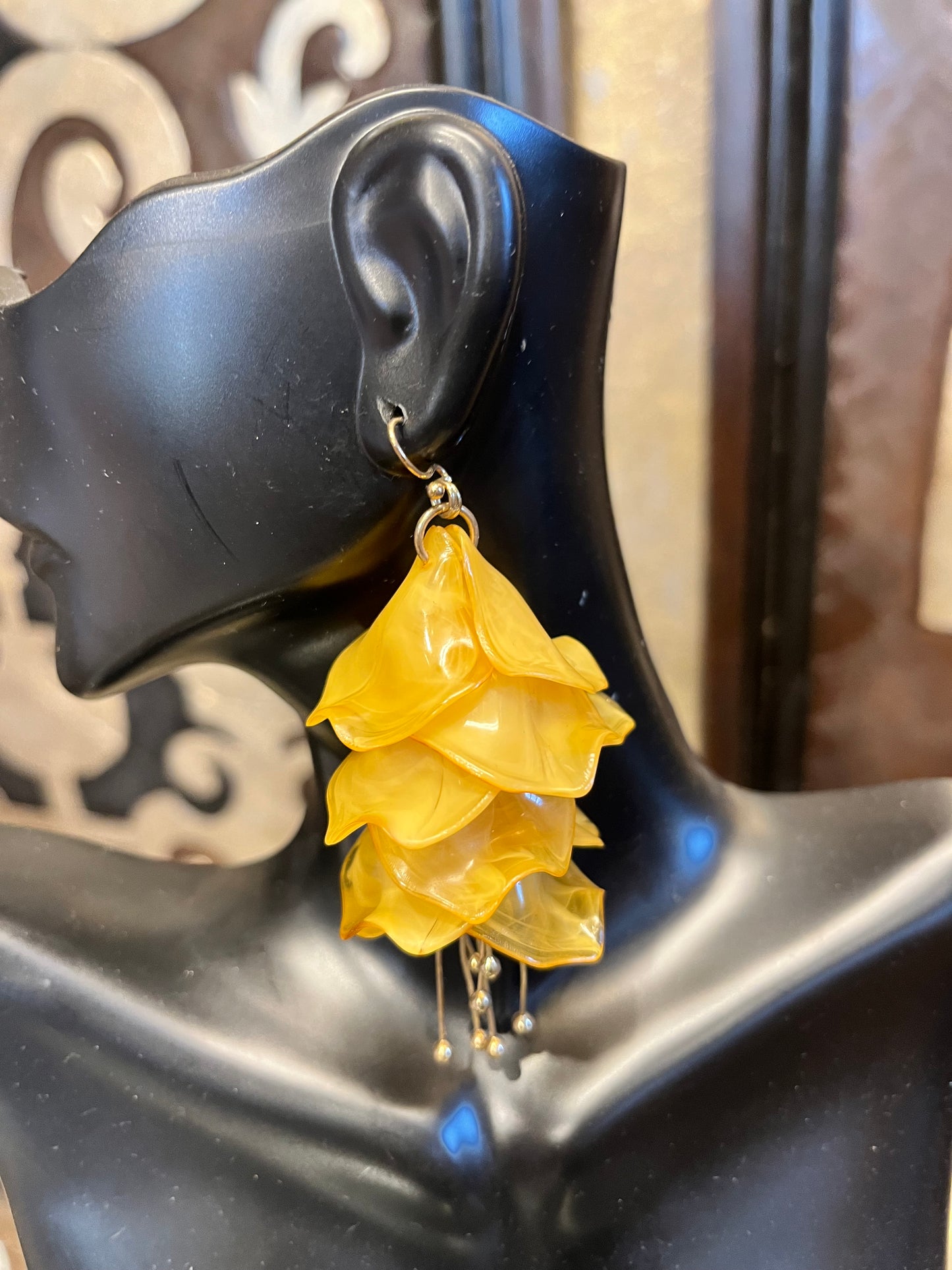 floral vintage petal acrylic marble mustard tassel earrings