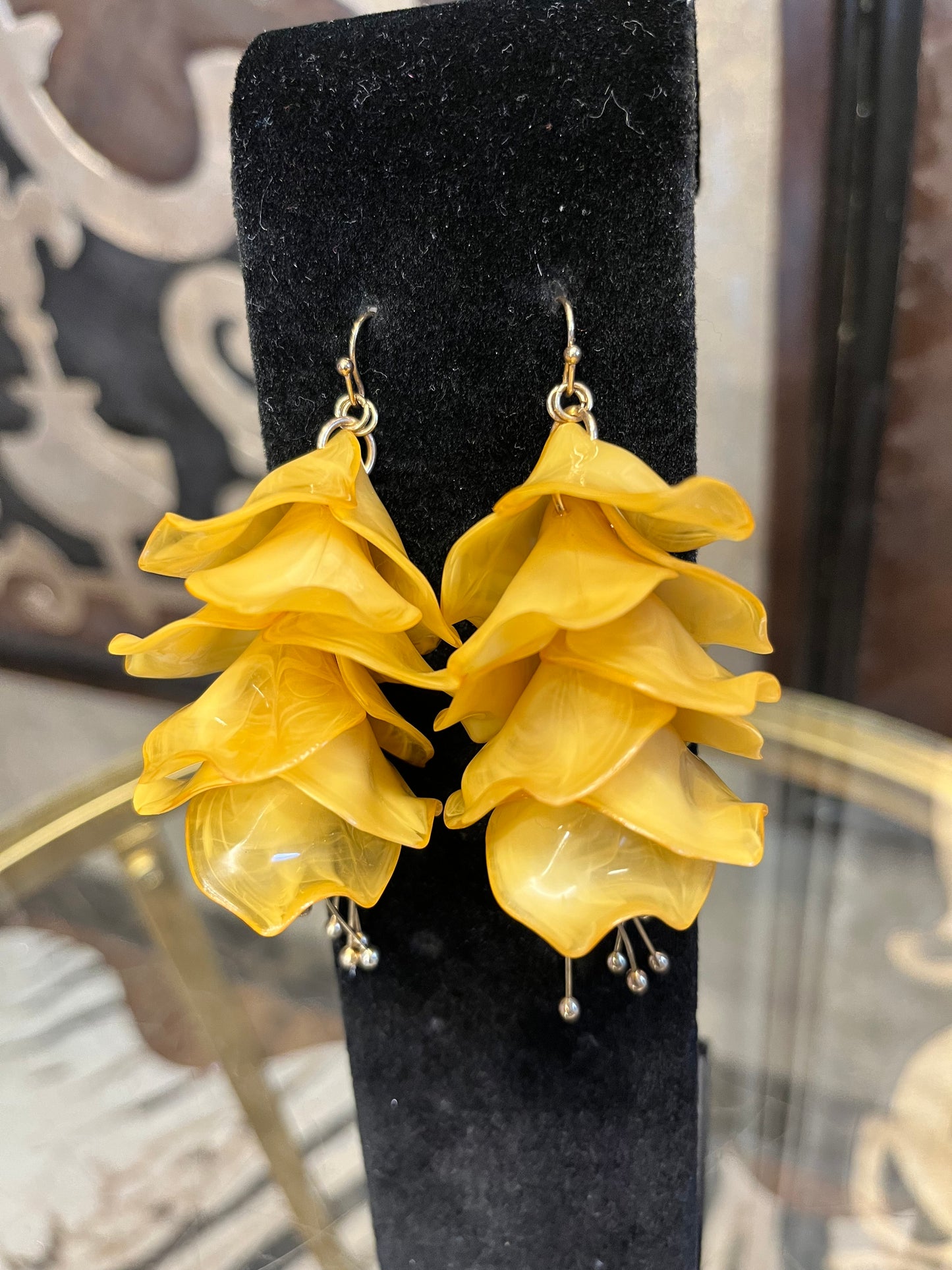 floral vintage petal acrylic marble mustard tassel earrings