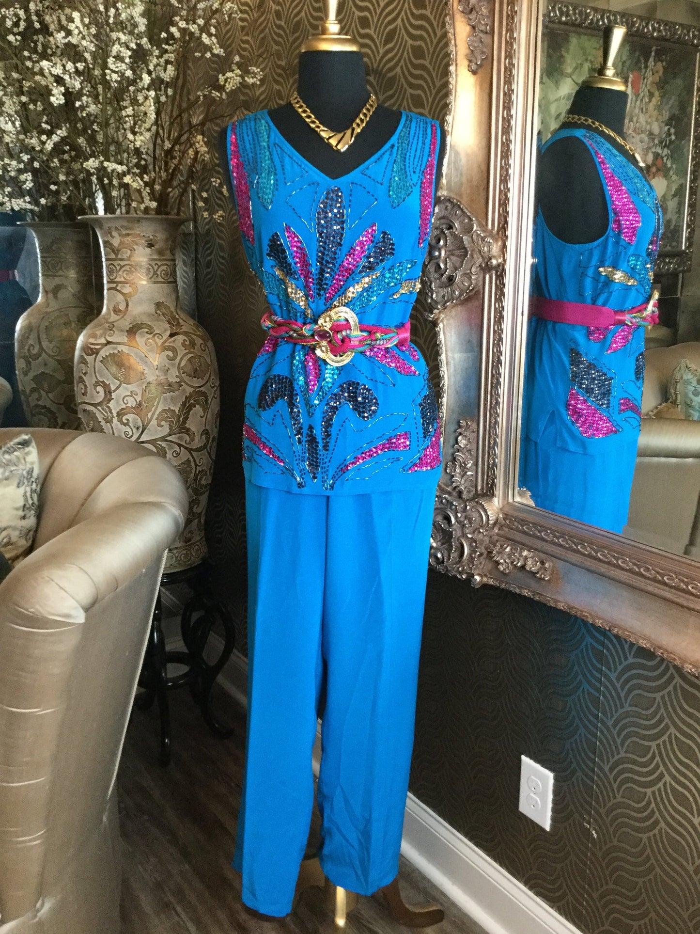 Vintage silk teal sequin beaded top pants