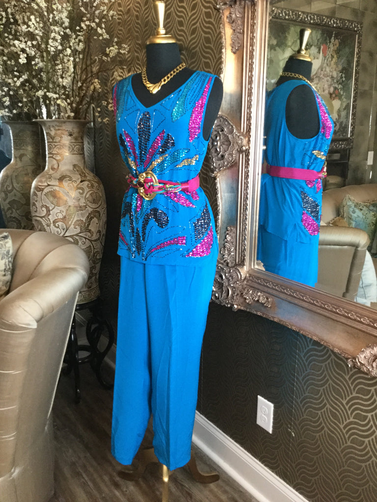 Vintage silk teal sequin beaded top pants