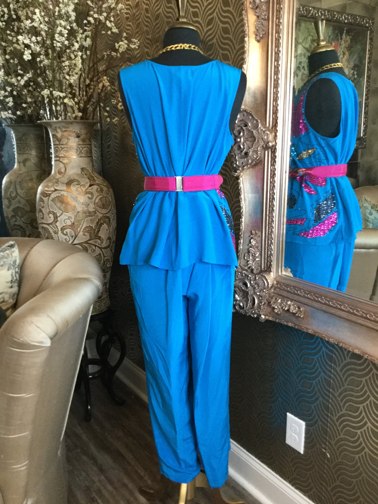 Vintage silk teal sequin beaded top pants