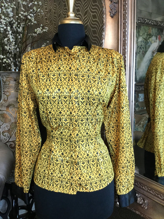 Vintage gold black damask print top