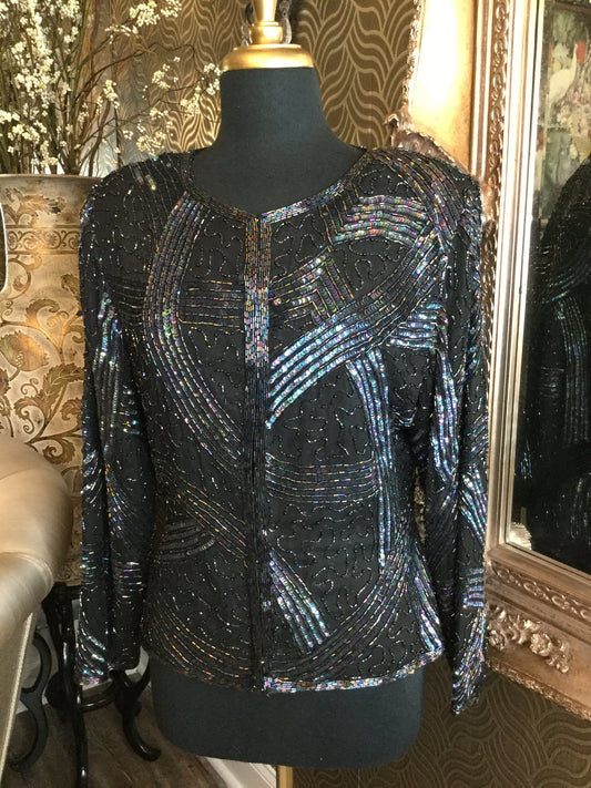 Vintage black multi beading sequin silk top