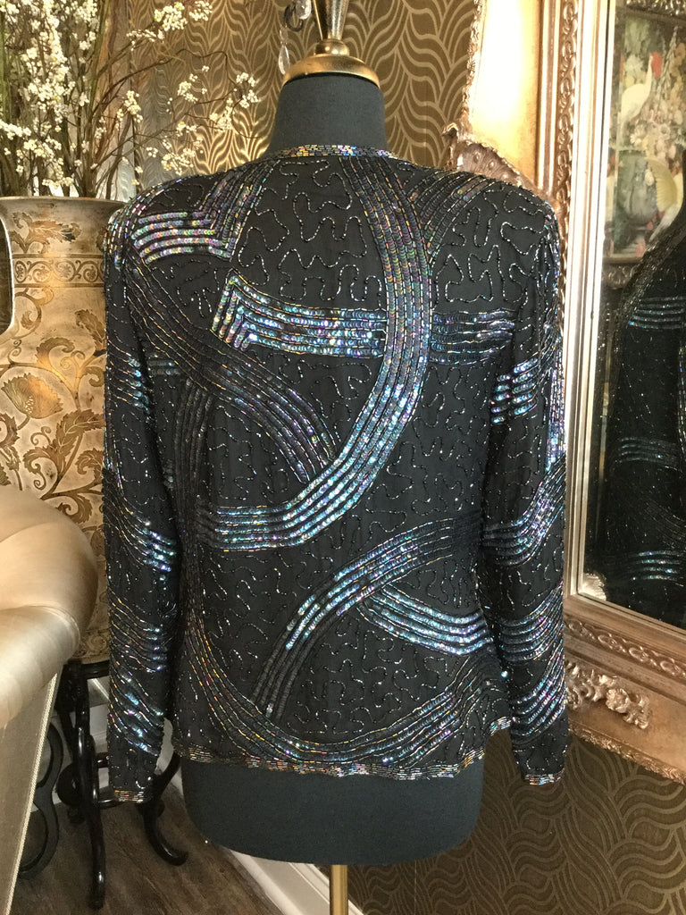 Vintage black multi beading sequin silk top