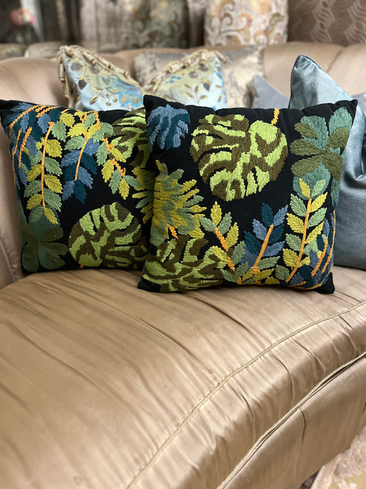 World Market embroidery stitching leaf print pillows