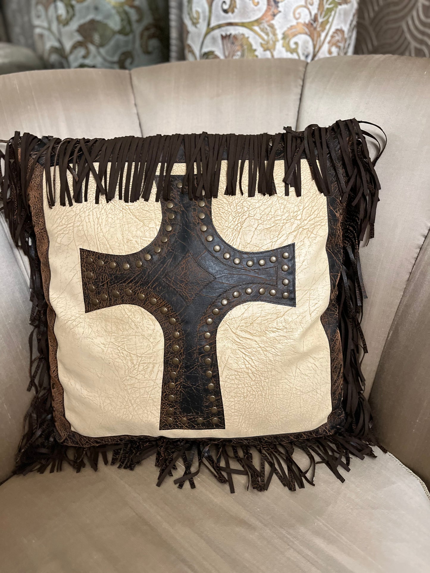 Western distress leather fringe cross studded pillow