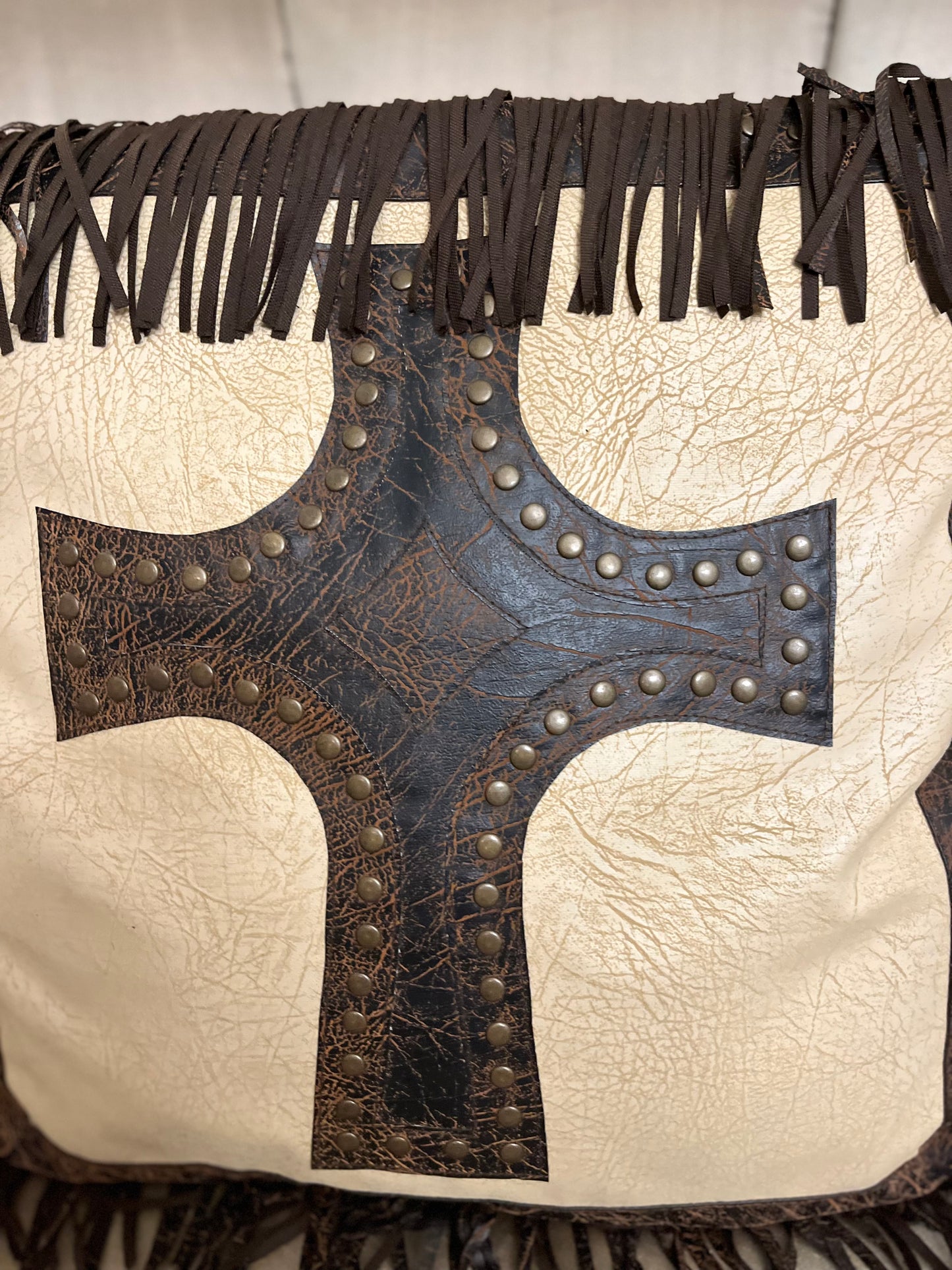 Western distress leather fringe cross studded pillow