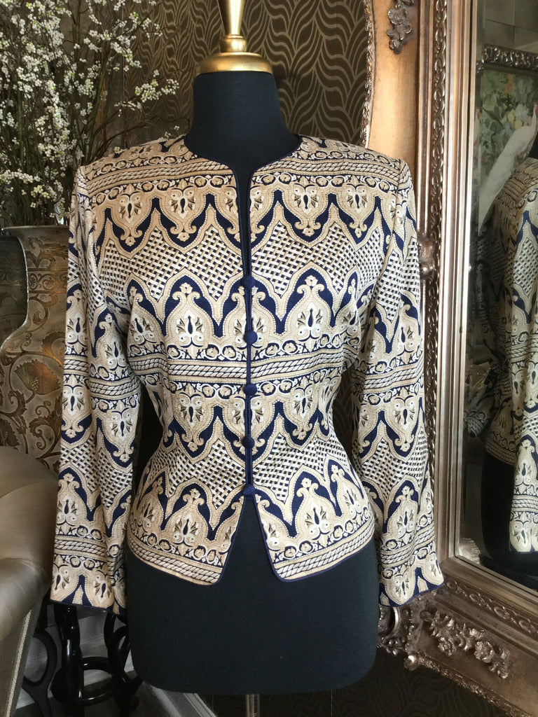 Vintage blue cream multi print silk top