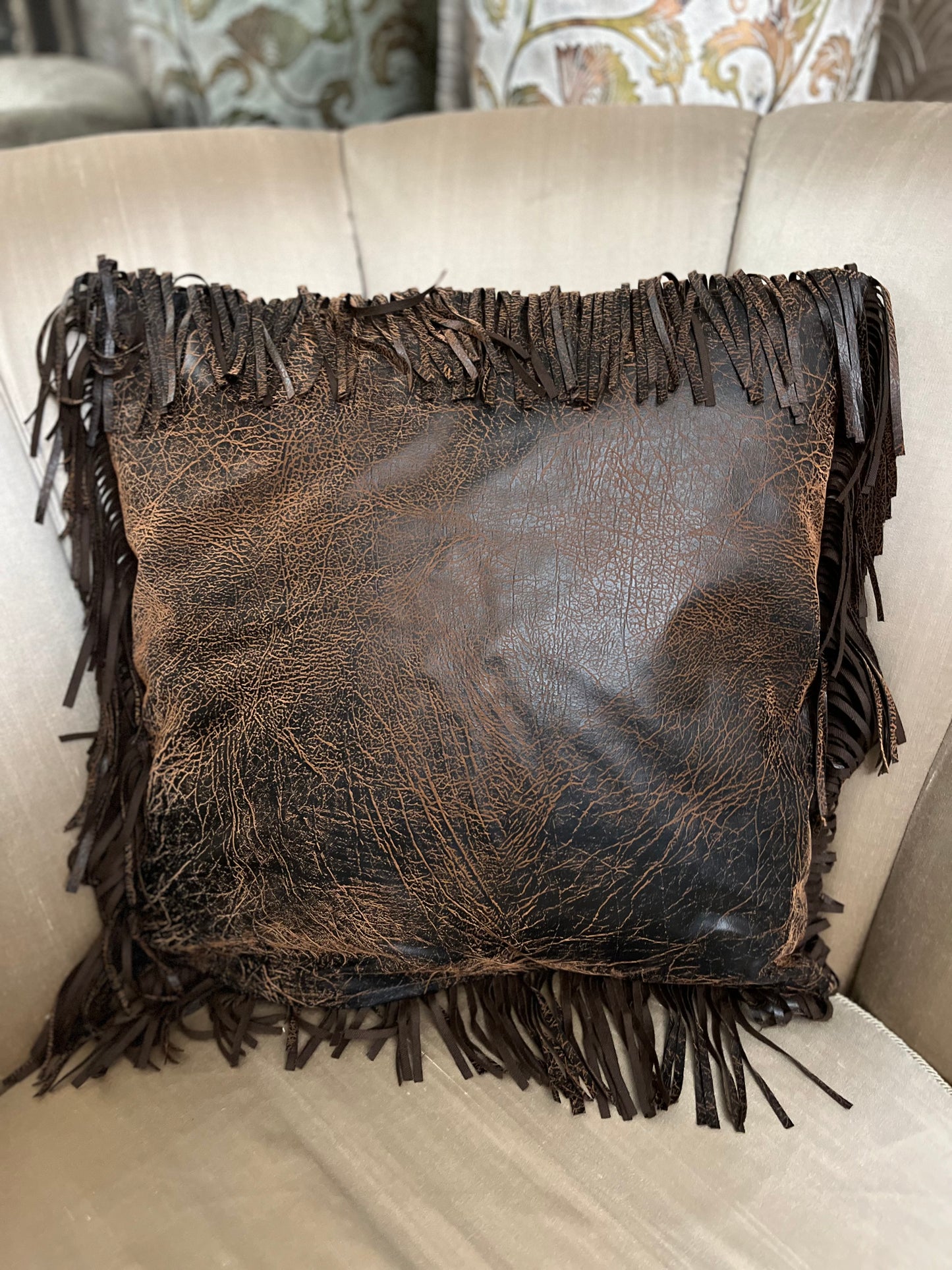 Western distress leather fringe cross studded pillow