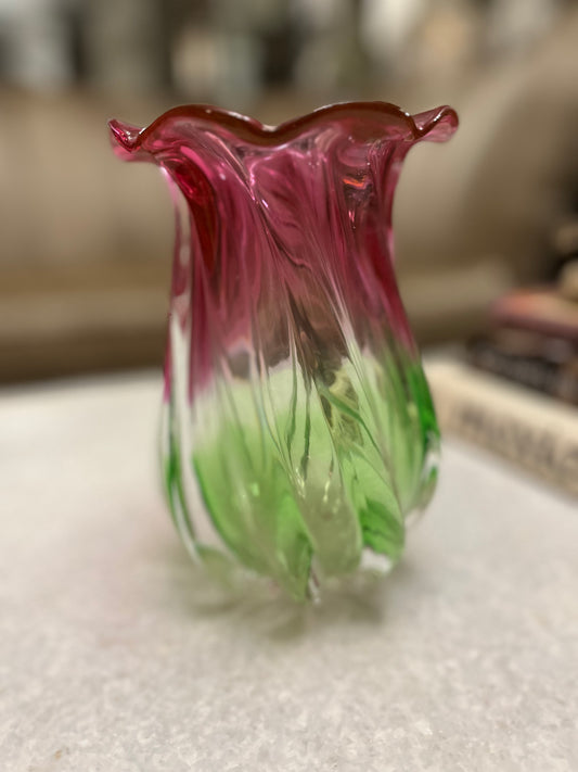 Teleflora hand blown pink & green tulip glass art vase