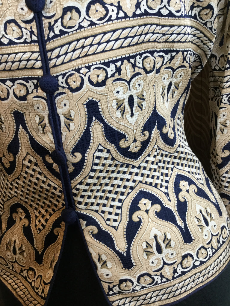 Vintage blue cream multi print silk top