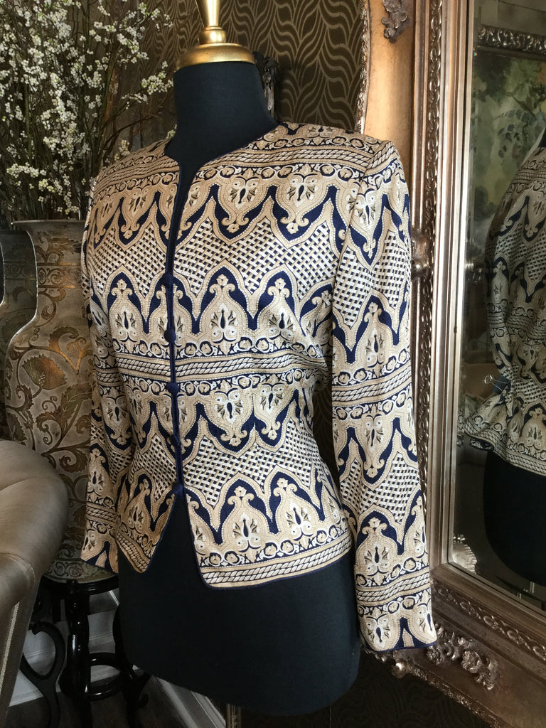 Vintage blue cream multi print silk top