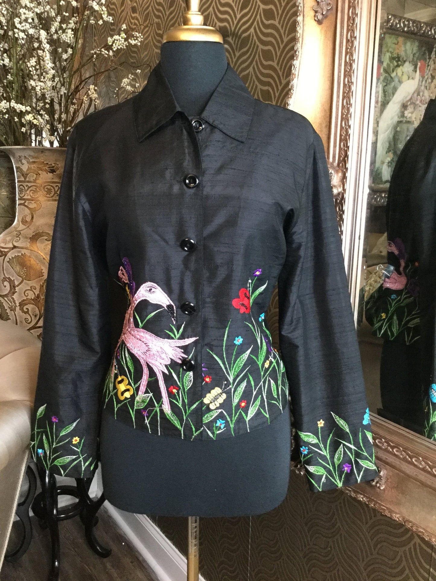 Vintage black floral sequin embossed silk top