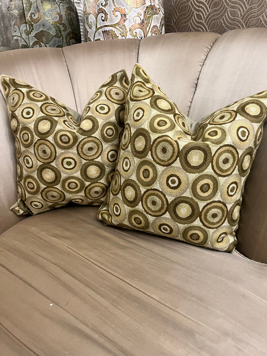 Crate & Barrel green circles stitch pattern pillows