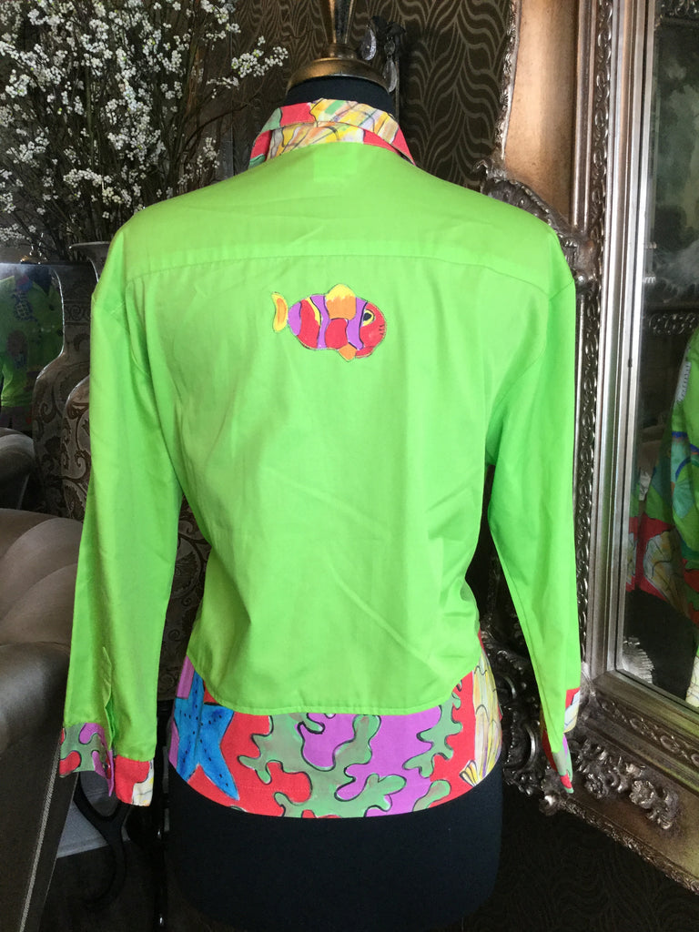 Vintage green fish embossed print top