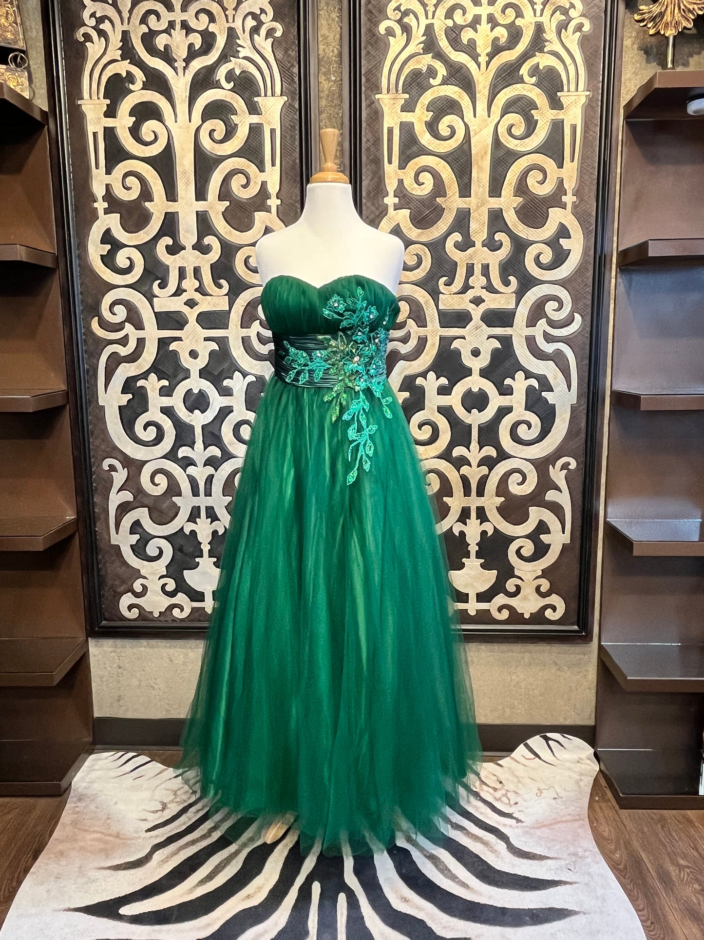 Pink by Alexia Designs emerald green emblished gown