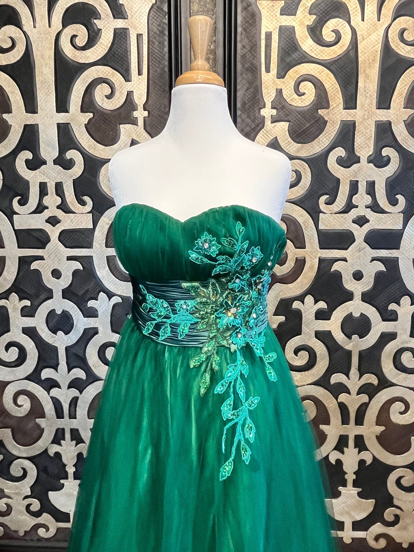 Pink by Alexia Designs emerald green emblished gown