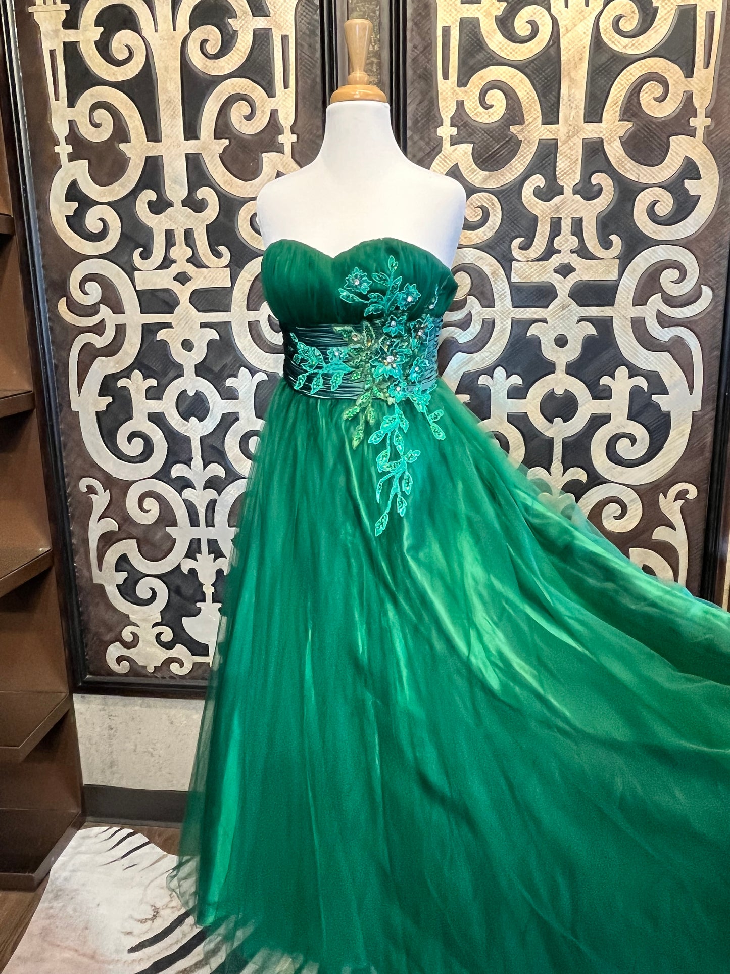 Pink by Alexia Designs emerald green emblished gown