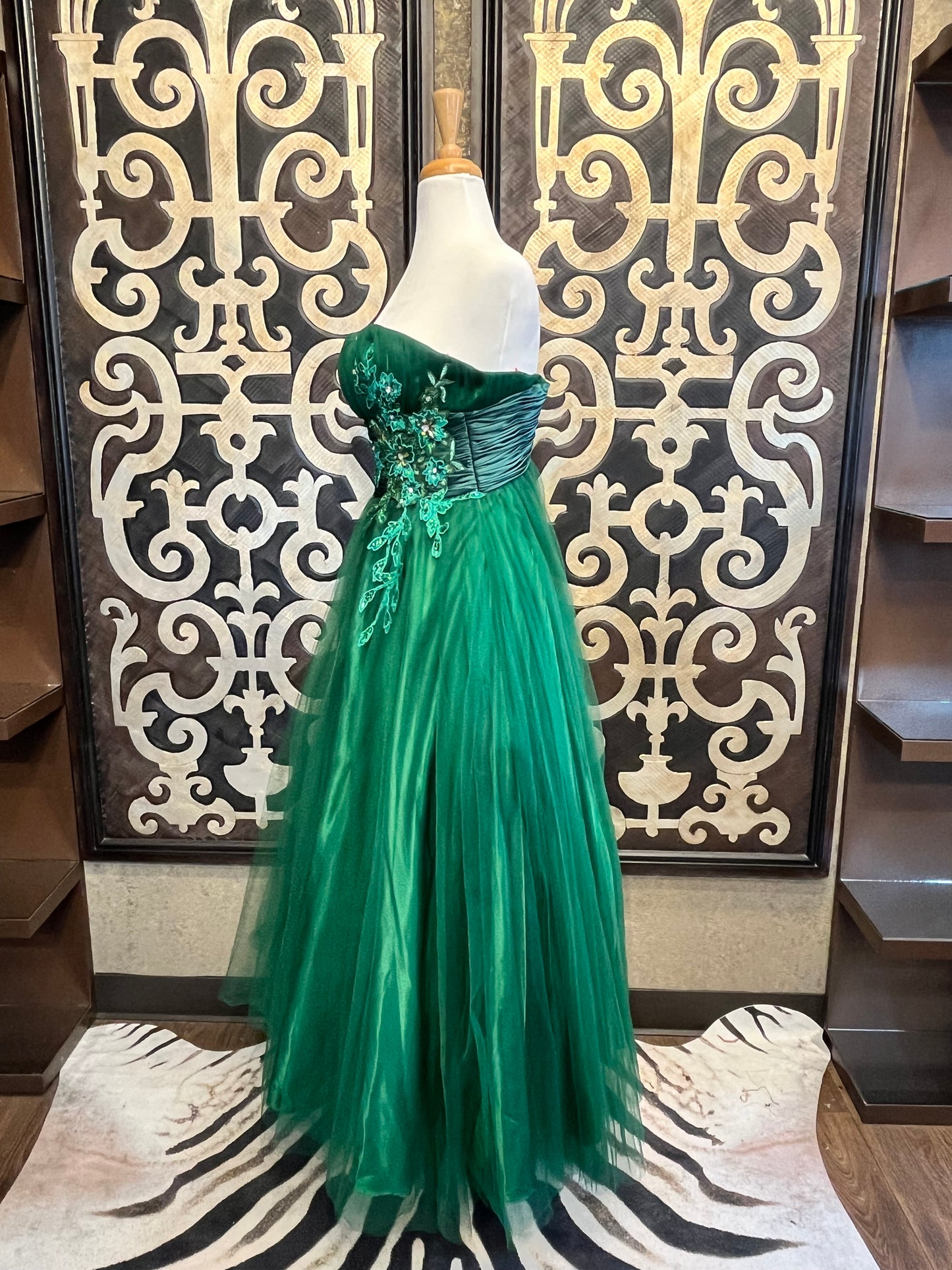 Pink by Alexia Designs emerald green emblished gown