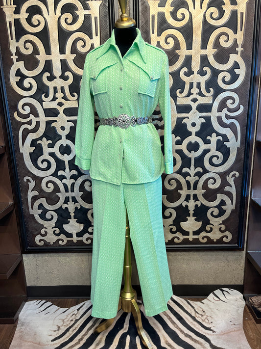 1970s vintage Lime green print jacket & pants suit