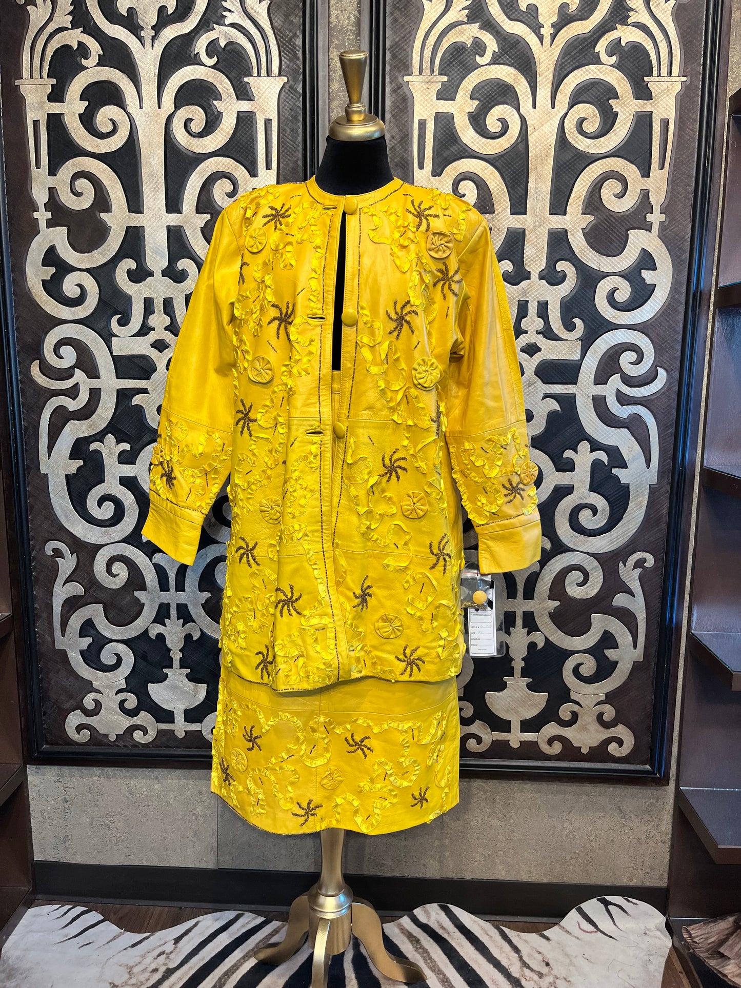 Life Style vintage NY yellow leather beaded coat & skirt