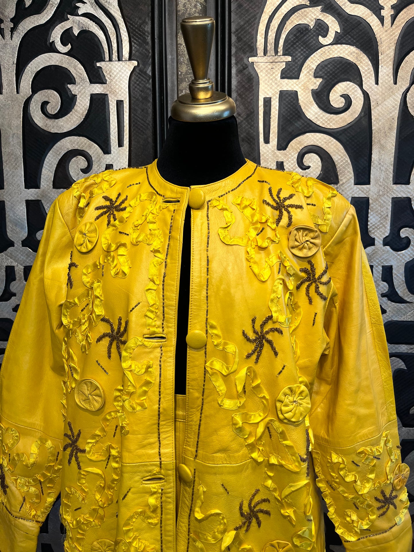 Life Style vintage NY yellow leather beaded coat & skirt