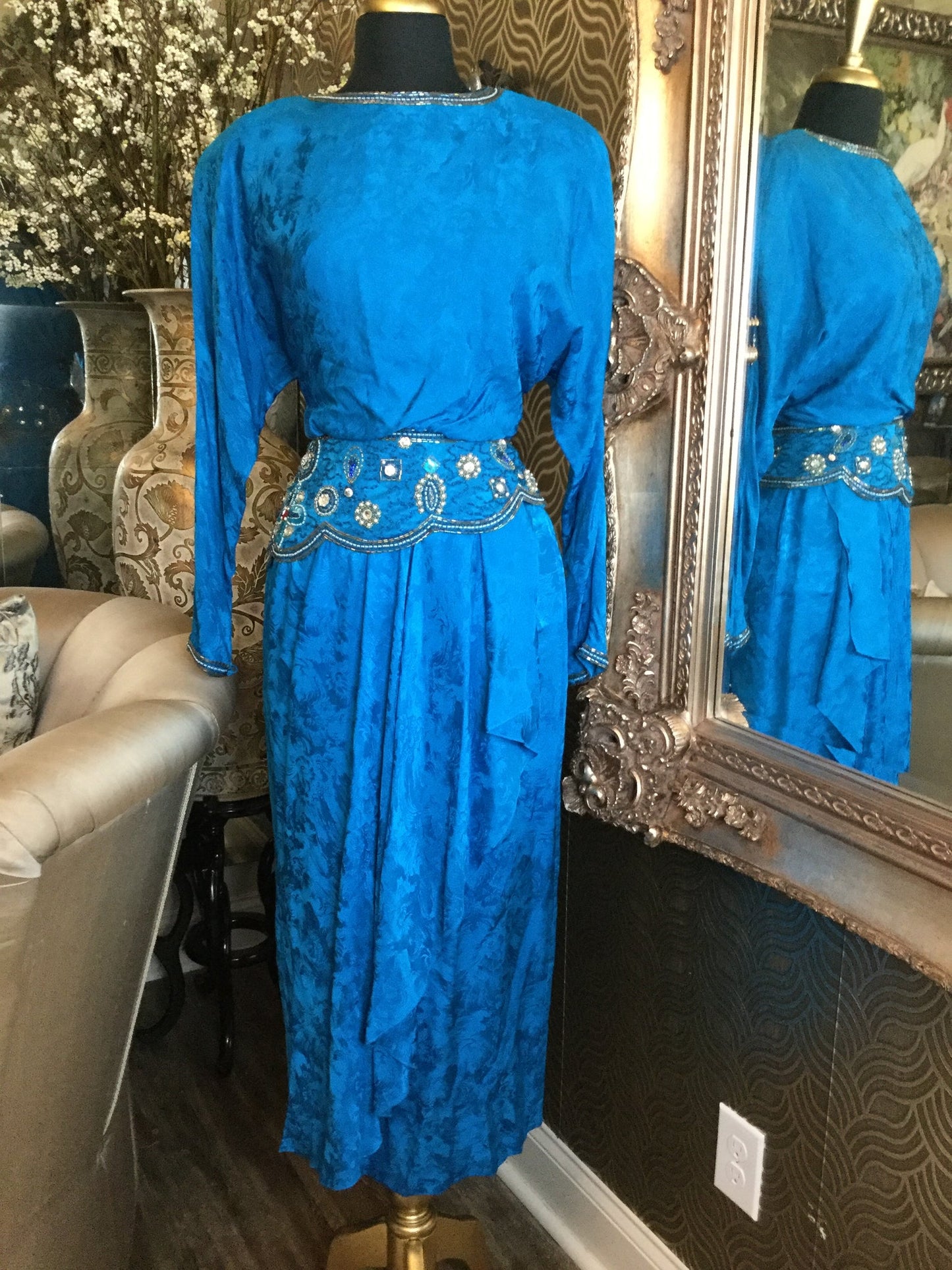 Vintage teal beaded sequin floral silk dress