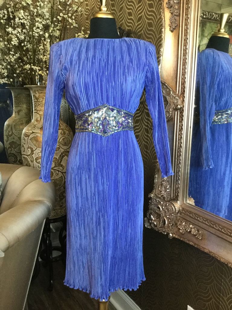 Vintage sky blue pleated sequin waist dress