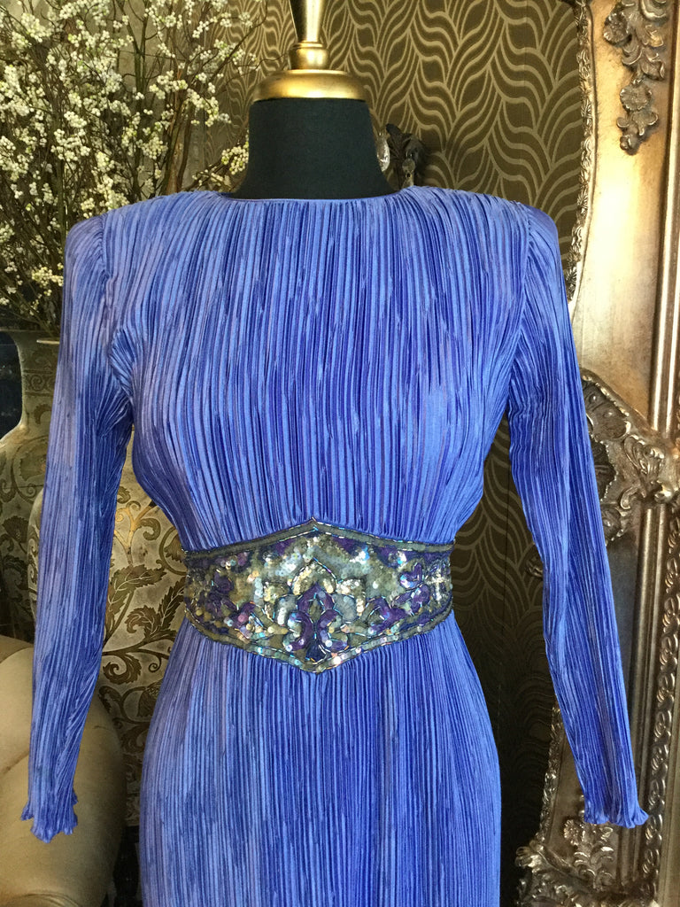 Vintage sky blue pleated sequin waist dress