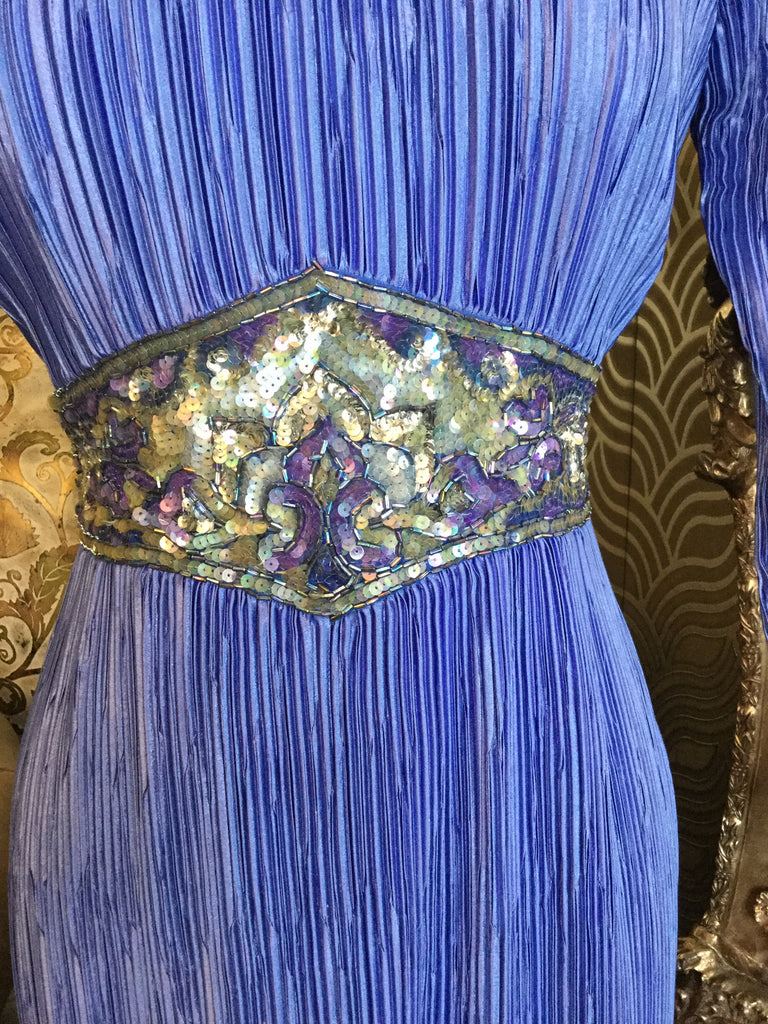 Vintage sky blue pleated sequin waist dress