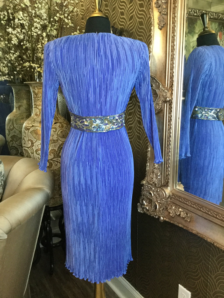 Vintage sky blue pleated sequin waist dress