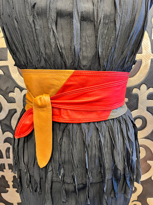 Vintage color block leather wrap belt