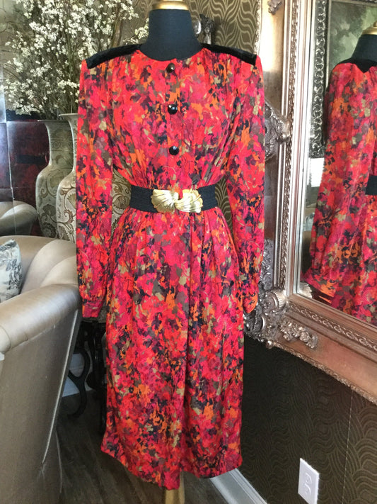 Vintage red floral black shoulder dress