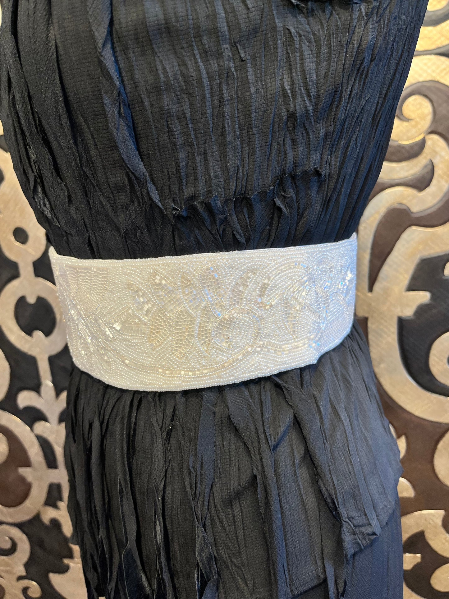 Vintage white beaded wide velcro belt