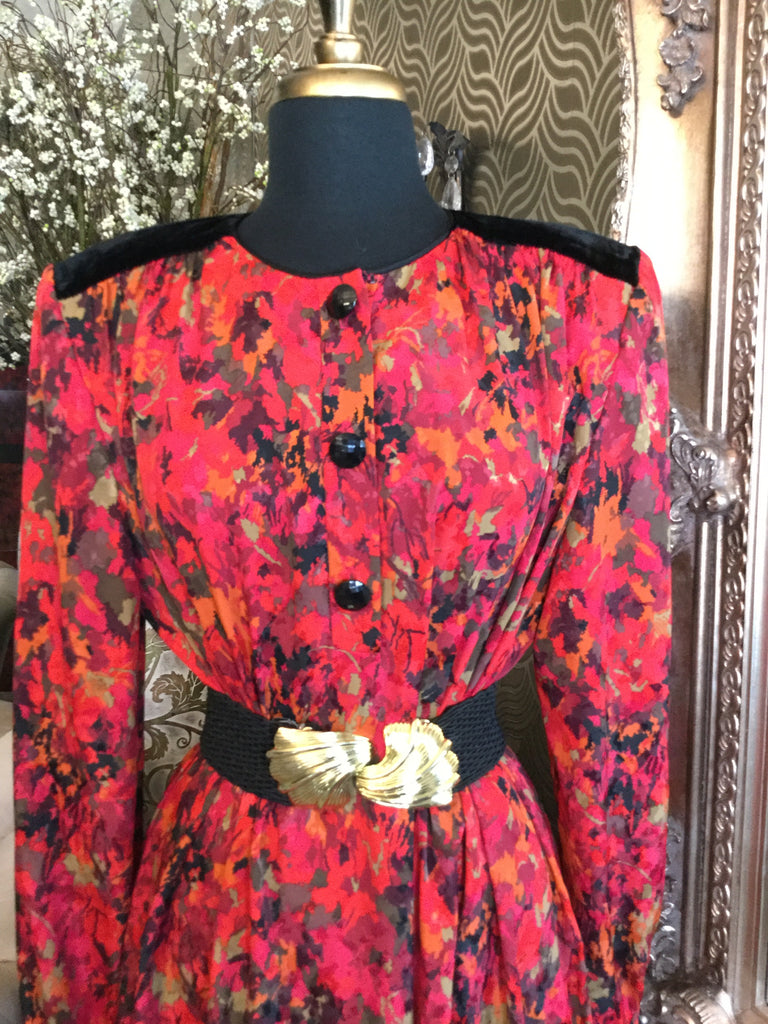 Vintage red floral black shoulder dress