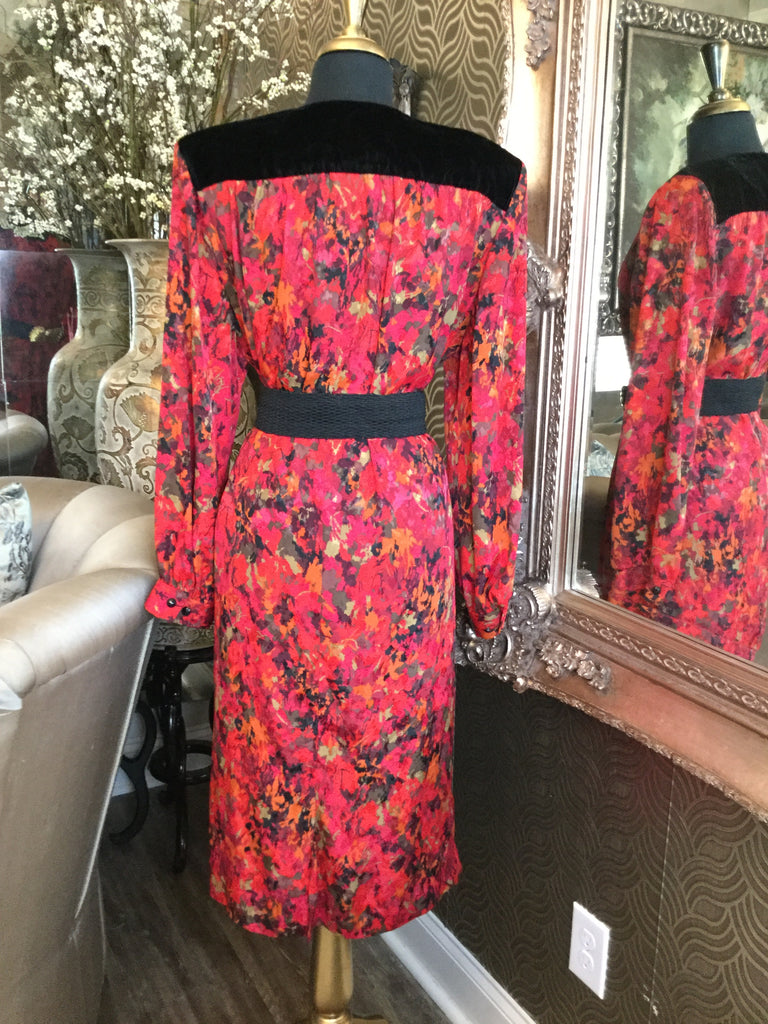 Vintage red floral black shoulder dress