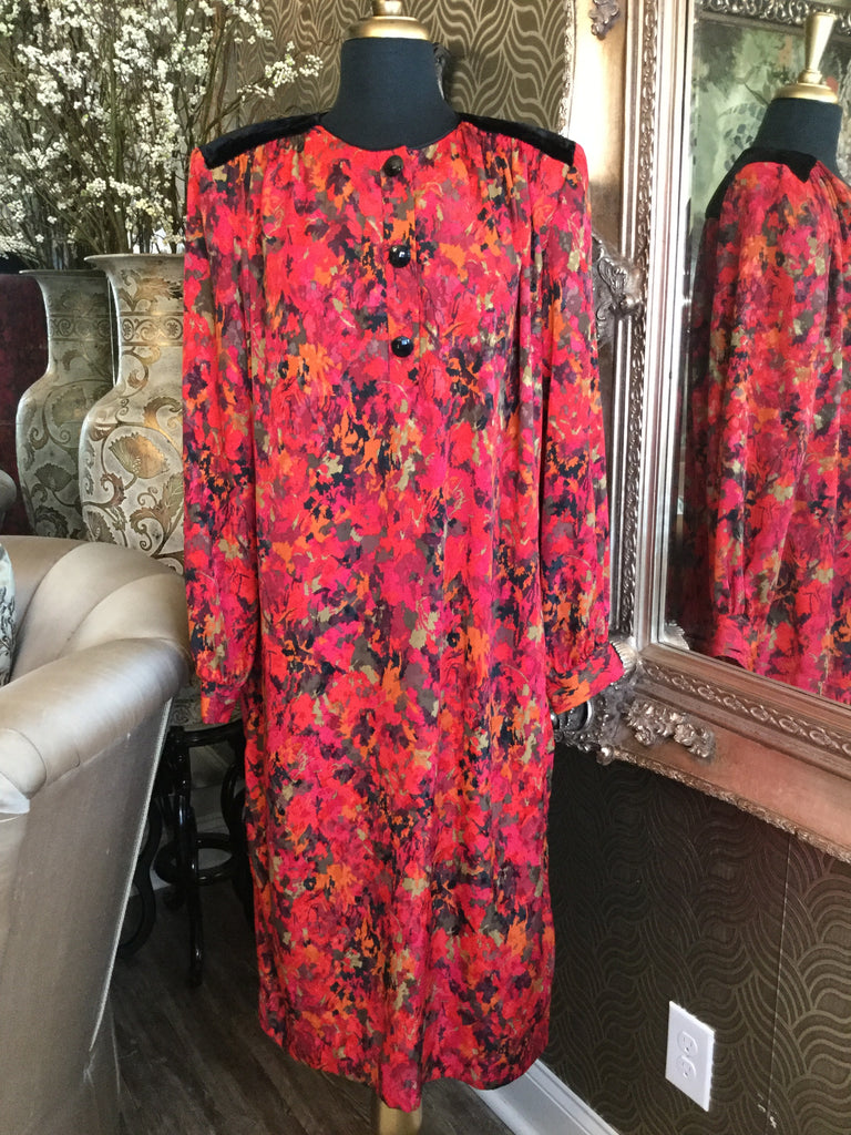 Vintage red floral black shoulder dress