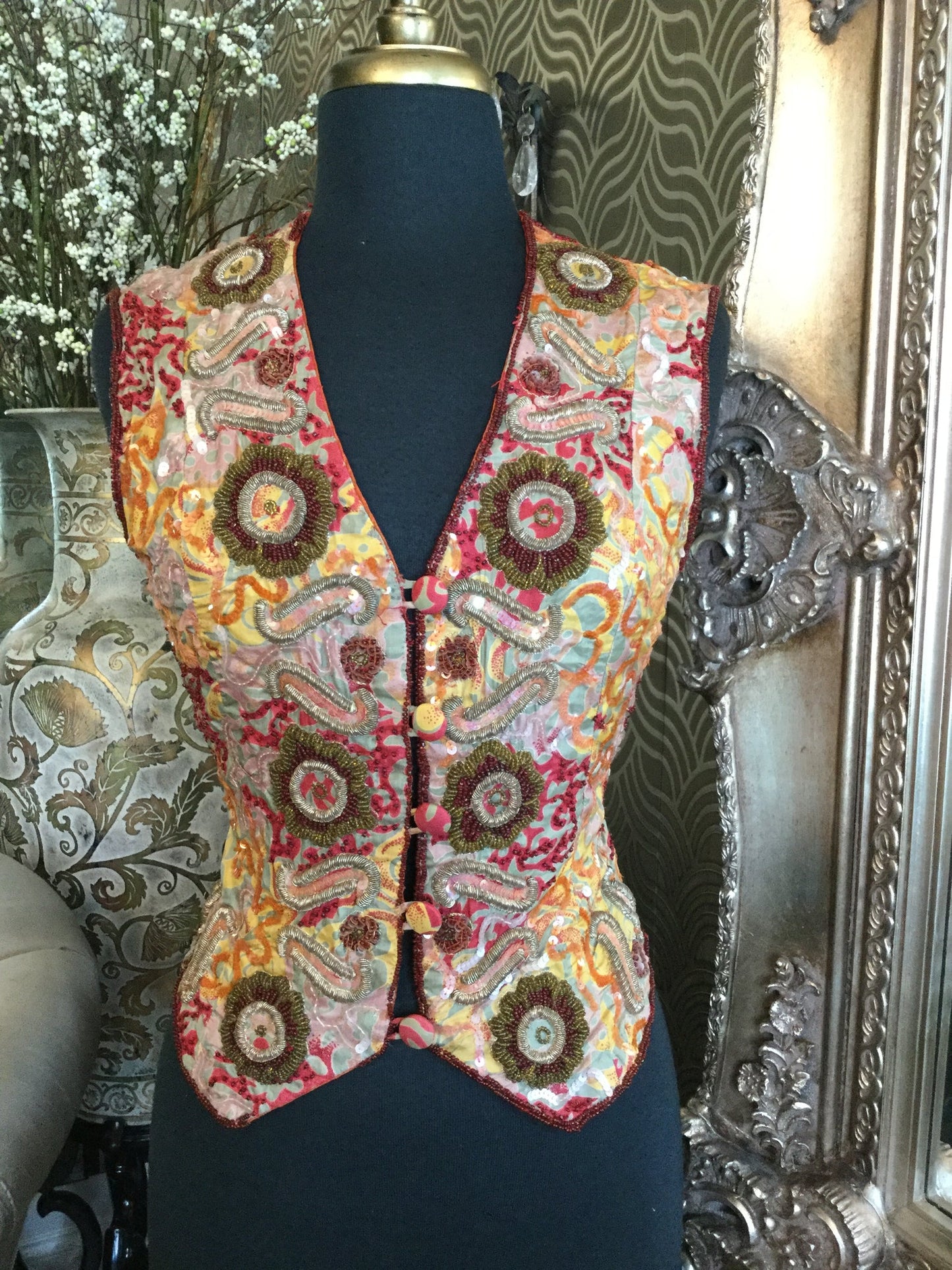 Vintage red multi print beaded sequin silk vest