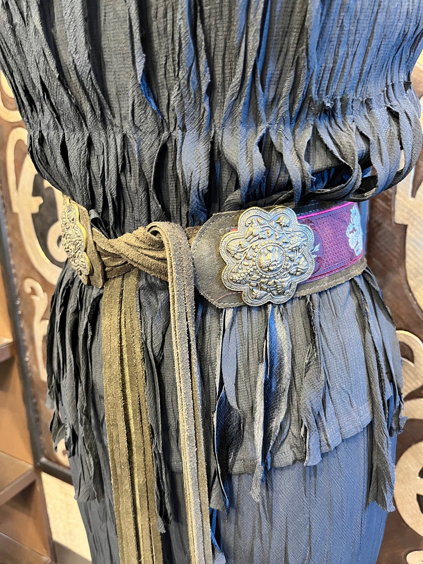 Vintage hobo suede metal medallion fringe belt