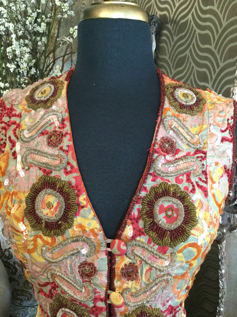 Vintage red multi print beaded sequin silk vest