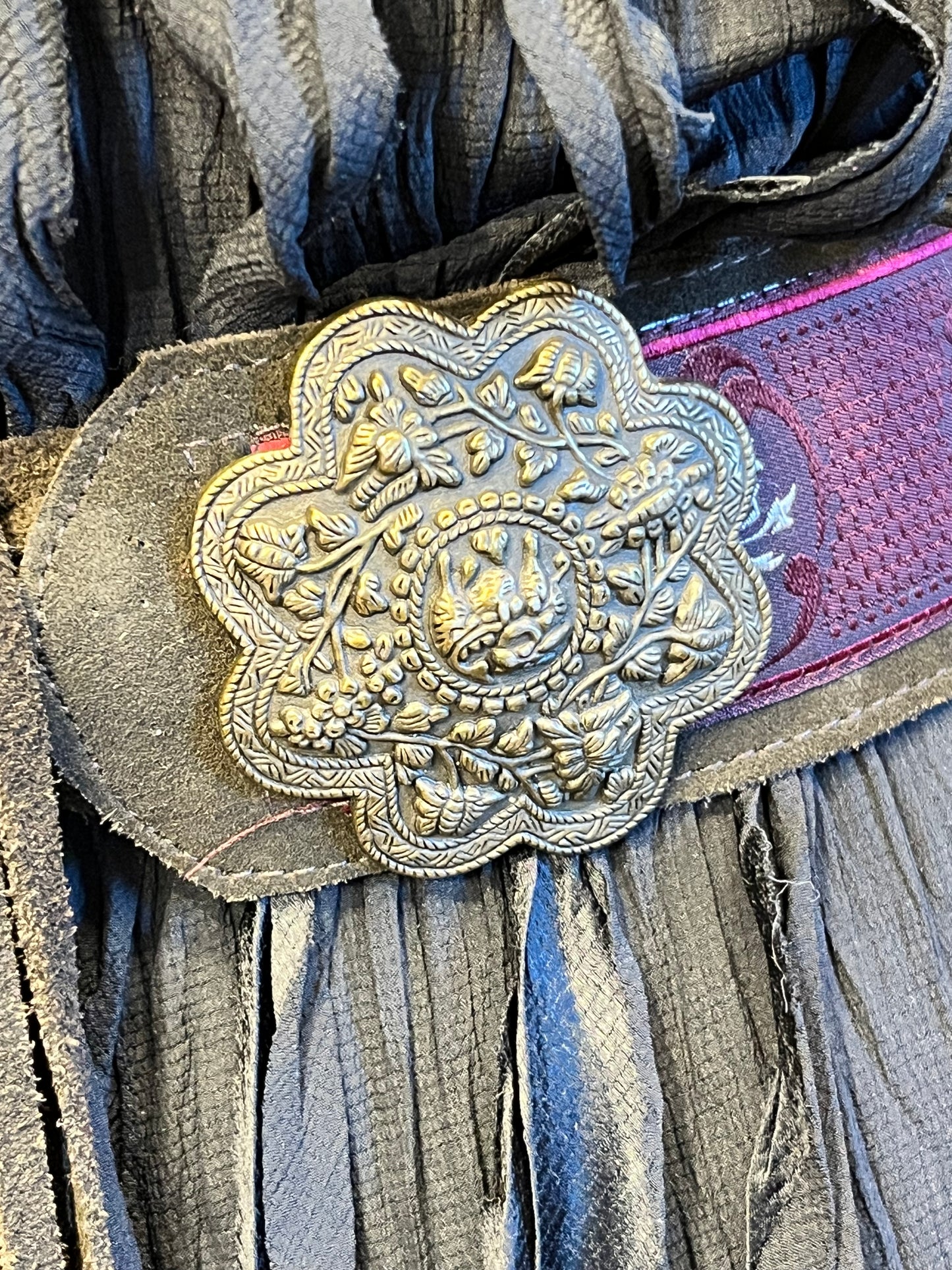 Vintage hobo suede metal medallion fringe belt