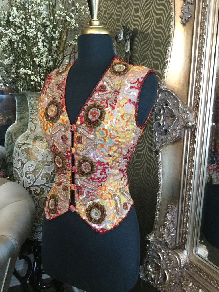 Vintage red multi print beaded sequin silk vest