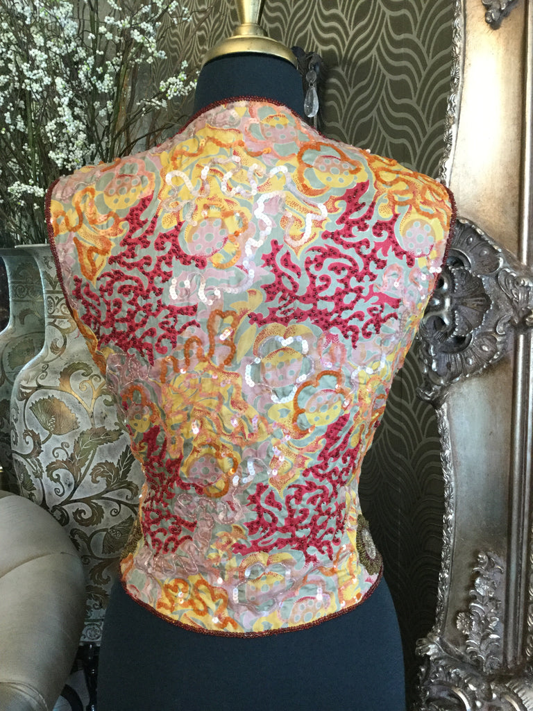 Vintage red multi print beaded sequin silk vest