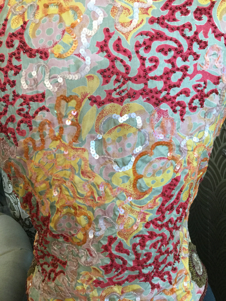 Vintage red multi print beaded sequin silk vest