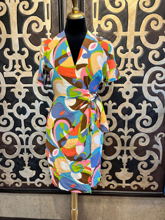 Papell vintage silk colorful print wrap dress